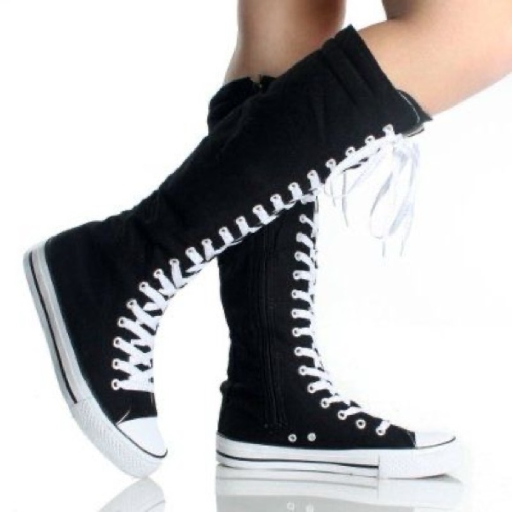 Canvas Knee High-Top Sneaker Boots - Black - Size 7.5